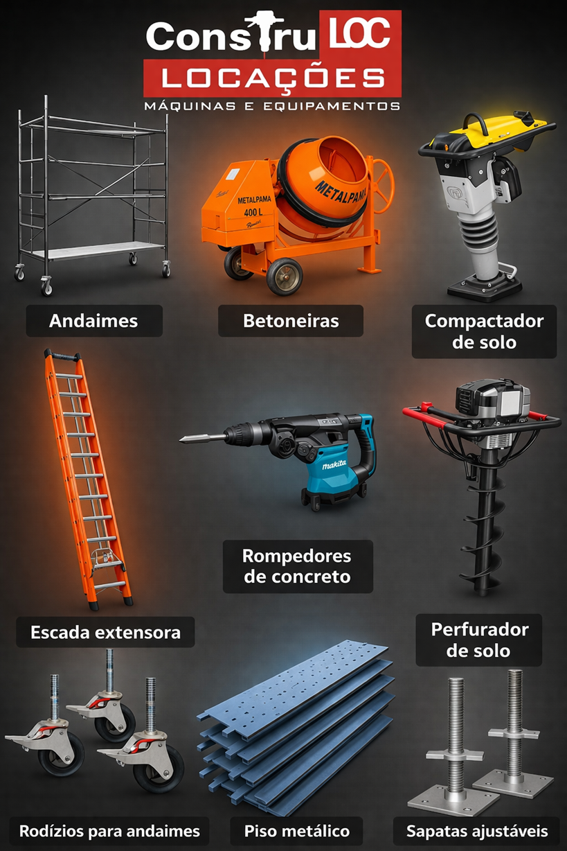 Equipamentos para construção civil para locação em José Bonifácio - andaimes, betoneiras, compactador de solo, escada, rompedor de concreto, perfurador de solo, rodízios para andaimes, piso metálico e sapatas ajustáveis